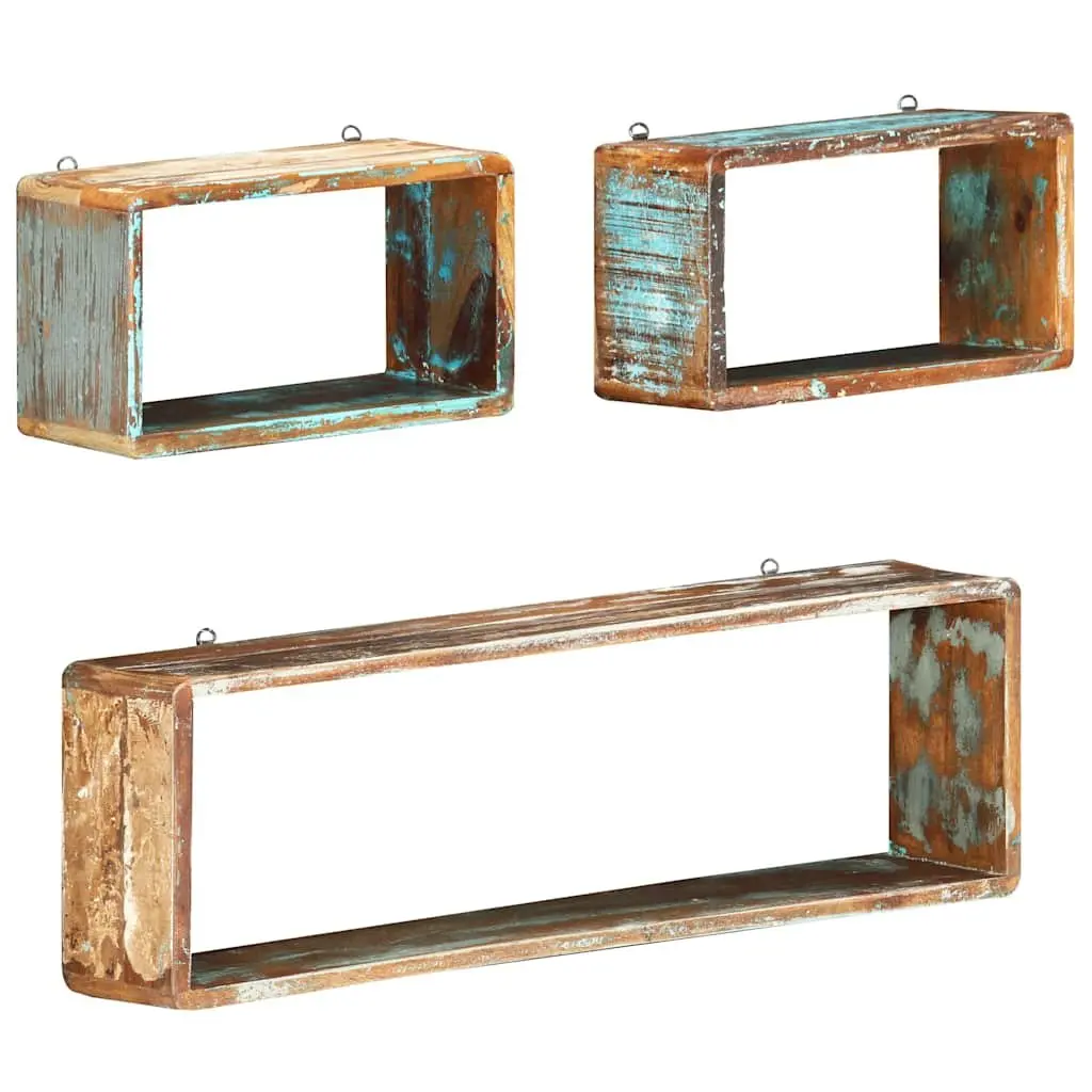 Set of 3 Floating Cube Shelves for Wall Storage and Display Solid Reclaimed Wood Brown