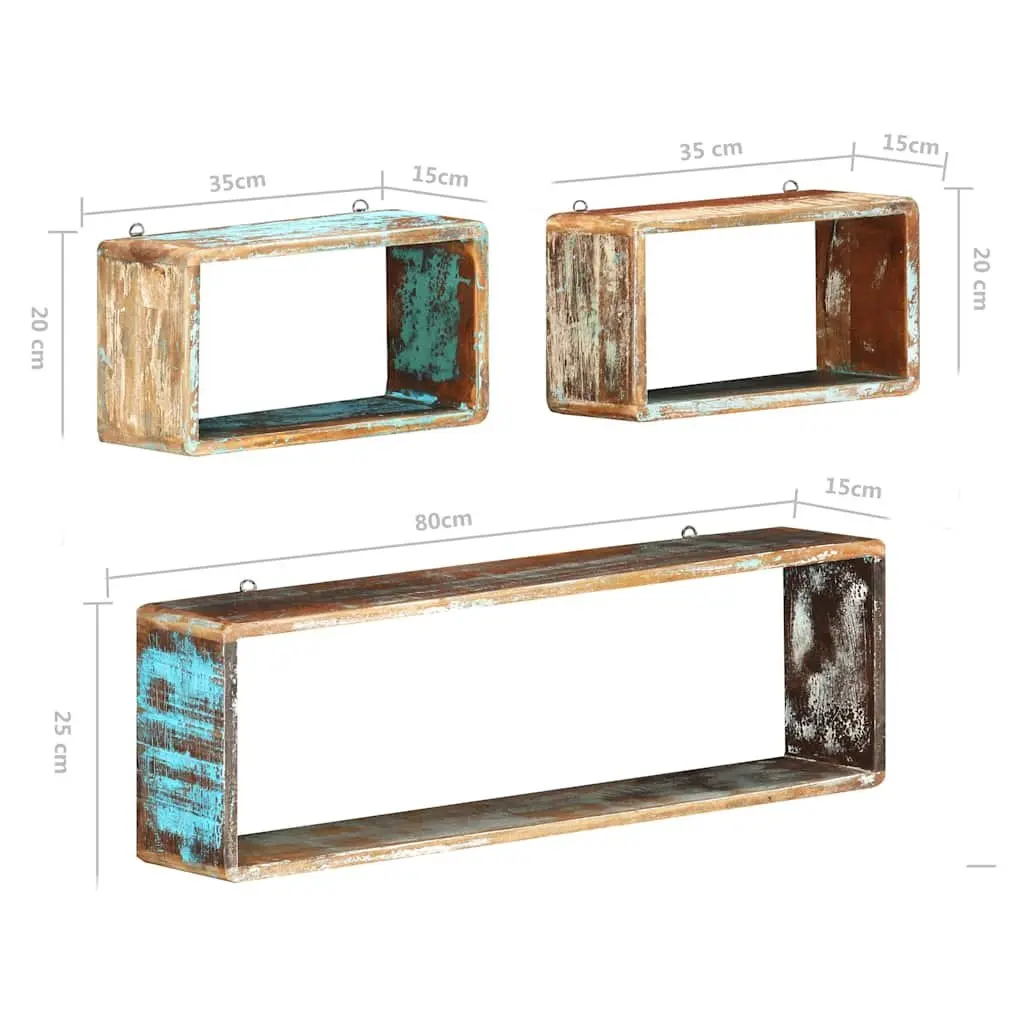 Set of 3 Floating Cube Shelves for Wall Storage and Display Solid Reclaimed Wood Brown