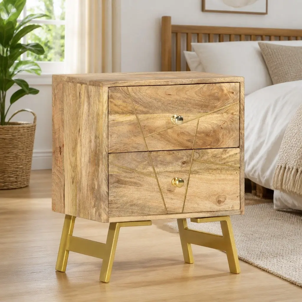 Bedside Table Solid Mango Wood Nightstand with 2 Drawers 40x30x50 cm