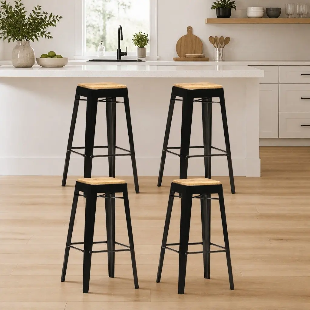 Bar Stools Set 4 Pieces Black Solid Mango Wood Kitchen Dining Chair with Steel