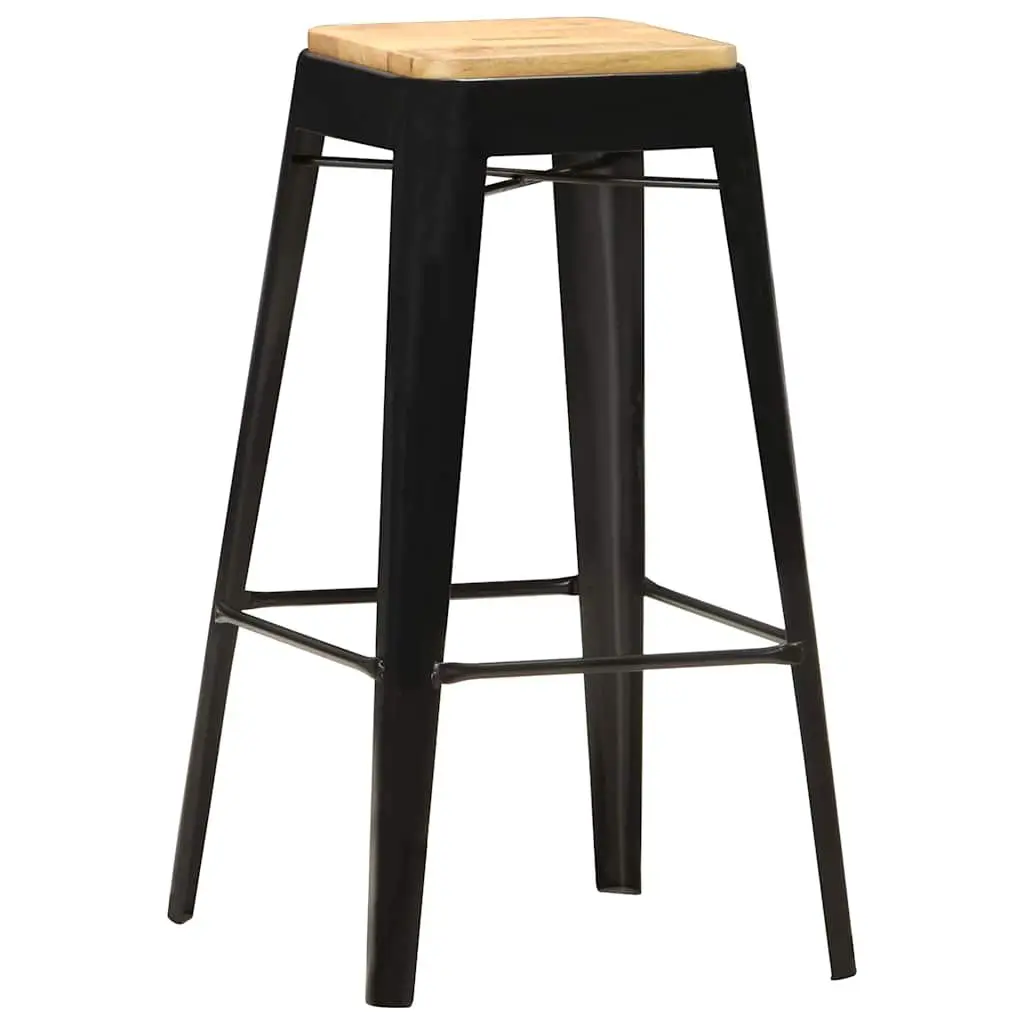 Bar Stools Set 4 Pieces Black Solid Mango Wood Kitchen Dining Chair with Steel