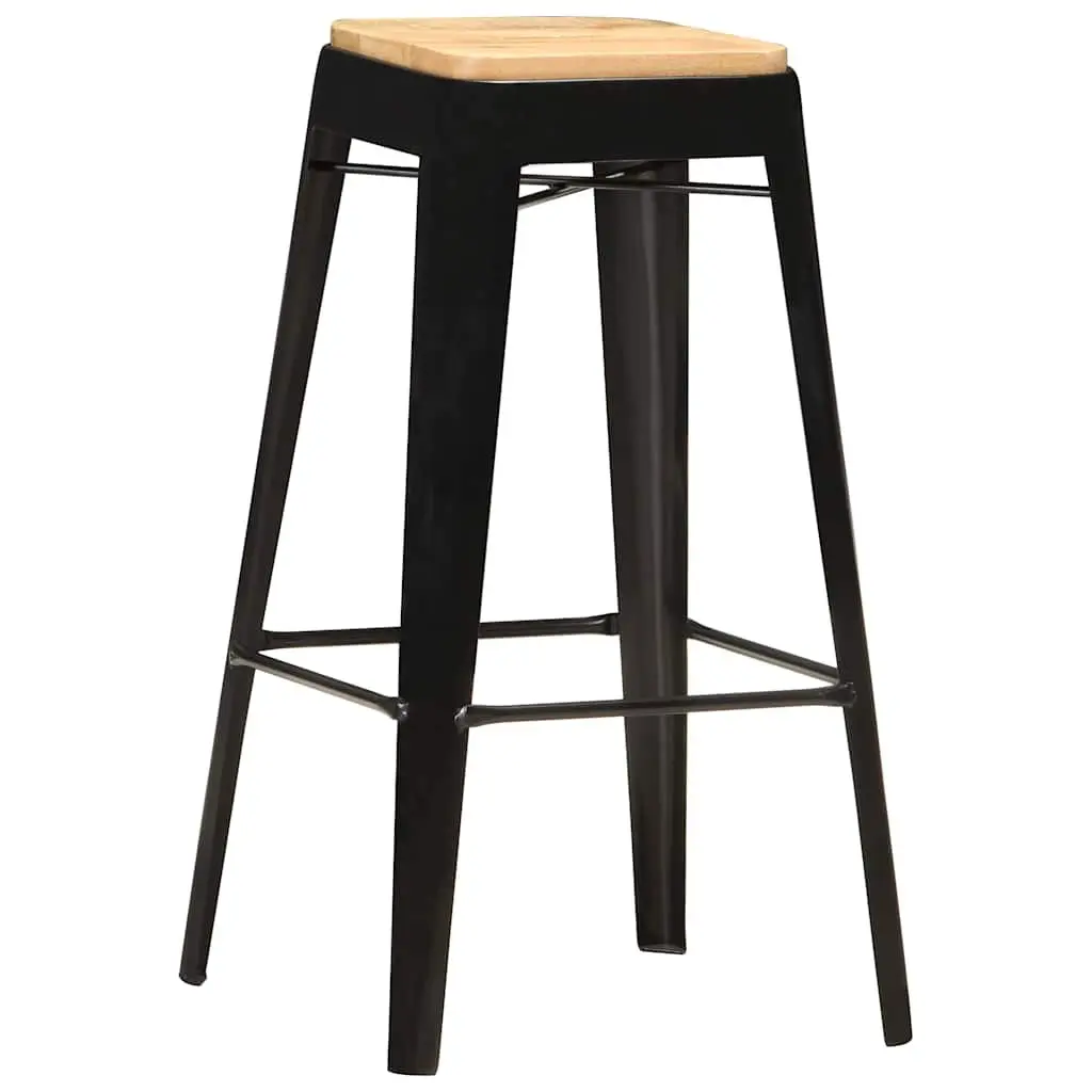 Bar Stools Set 4 Pieces Black Solid Mango Wood Kitchen Dining Chair with Steel