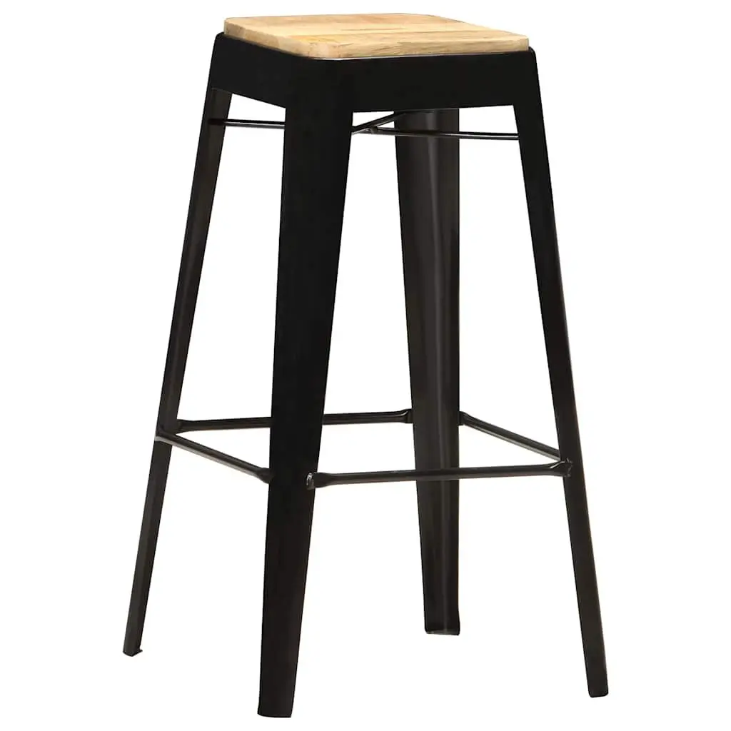 Bar Stools Set 4 Pieces Black Solid Mango Wood Kitchen Dining Chair with Steel