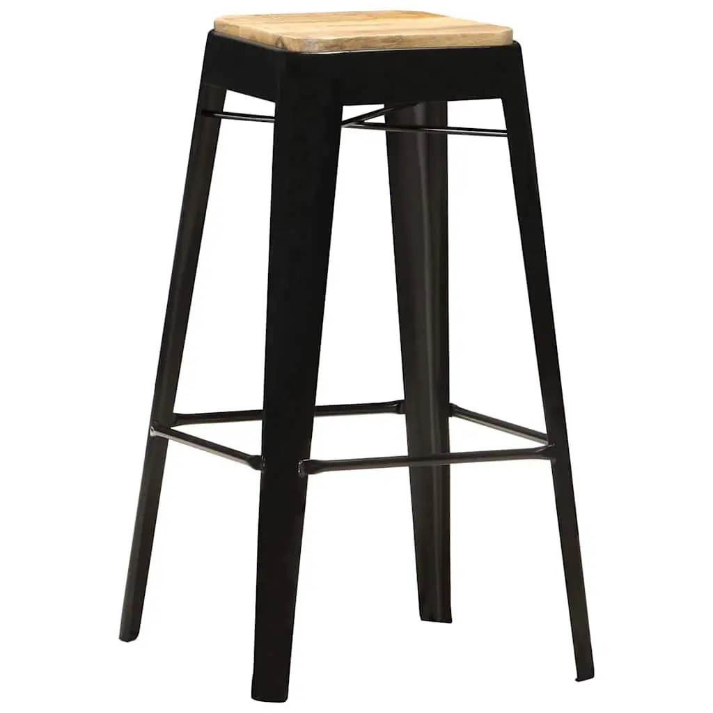 Bar Stools Set 4 Pieces Black Solid Mango Wood Kitchen Dining Chair with Steel