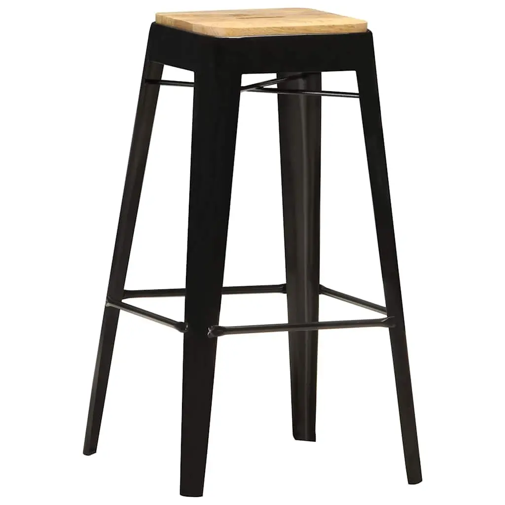 Bar Stools Set 4 Pieces Black Solid Mango Wood Kitchen Dining Chair with Steel