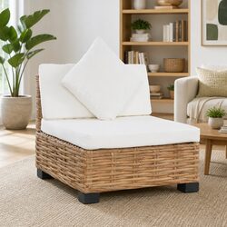 Armless Outdoor Sectional Sofa Brown Natural Rattan Frame with Cushions Pillow