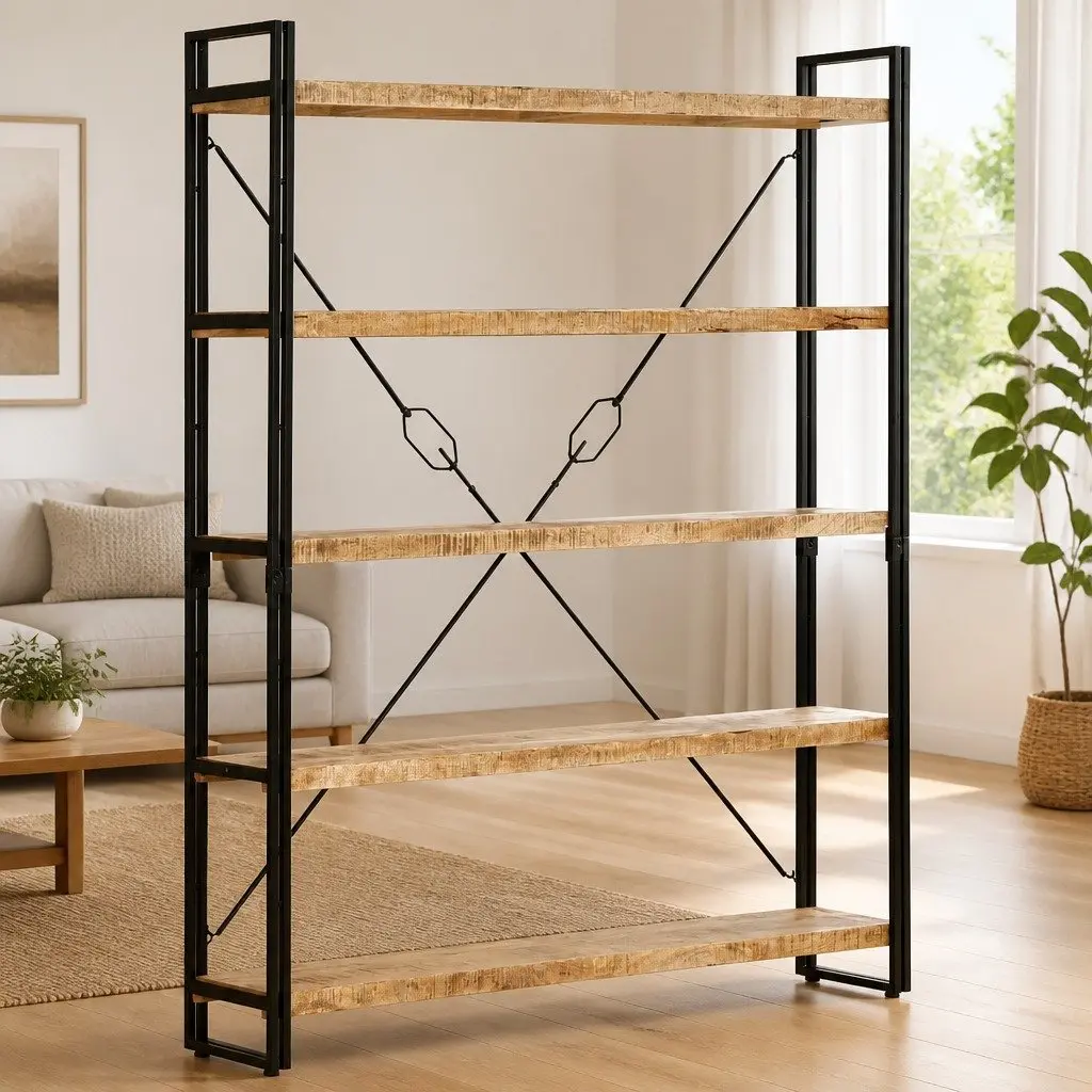 5-Tier Bookcase for Home 140x30x180 cm Solid Mango Wood Industrial Shelving Unit