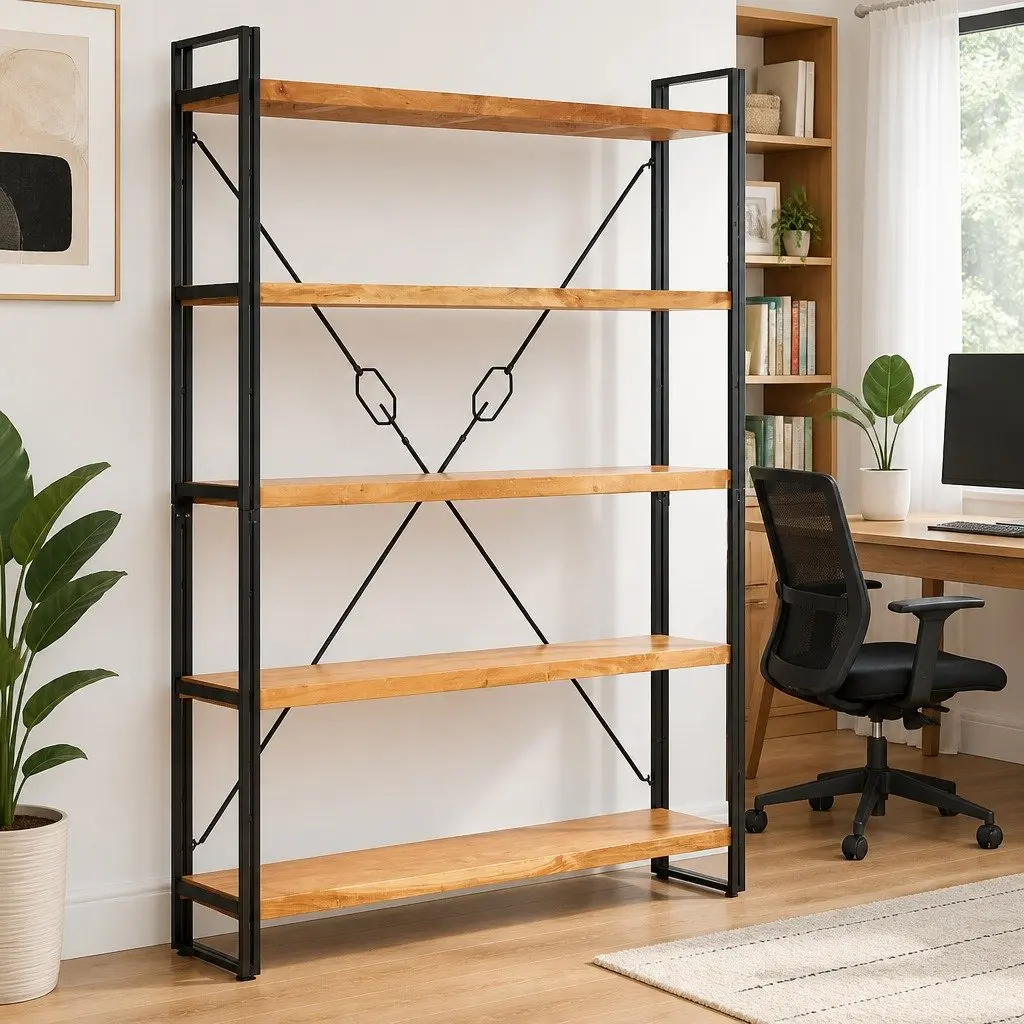 5-Tier Bookcase 140x30x180cm Solid Acacia Wood Industrial Steel Frame Storage