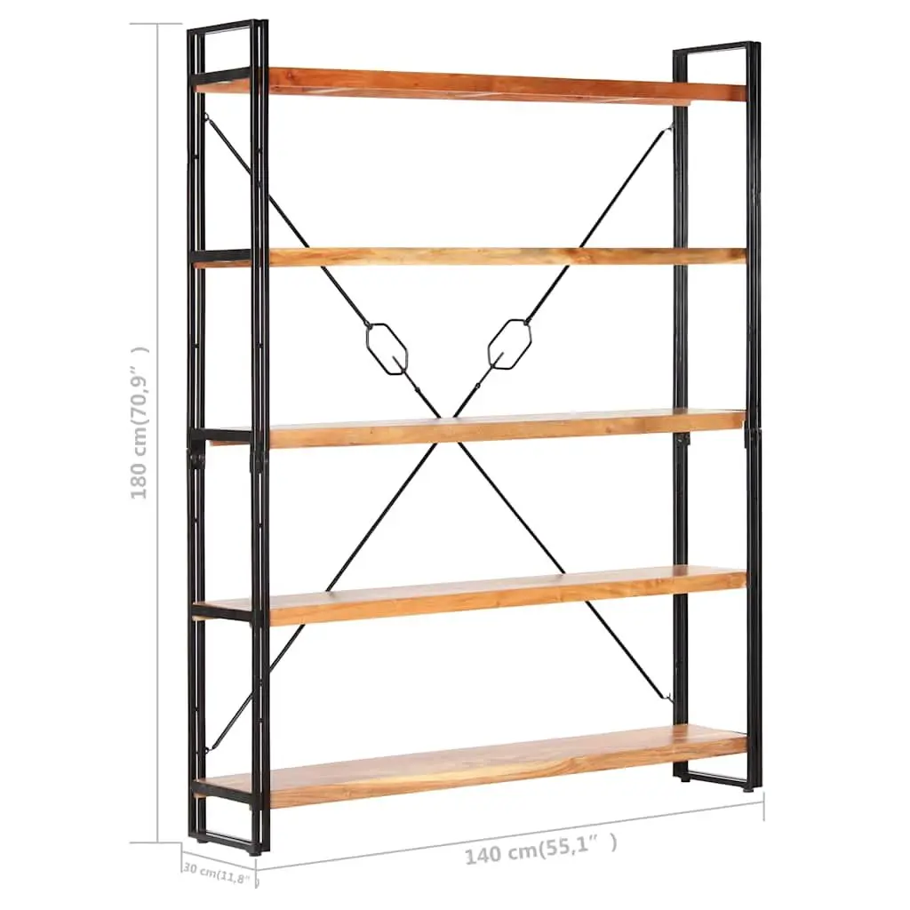 5-Tier Bookcase 140x30x180cm Solid Acacia Wood Industrial Steel Frame Storage