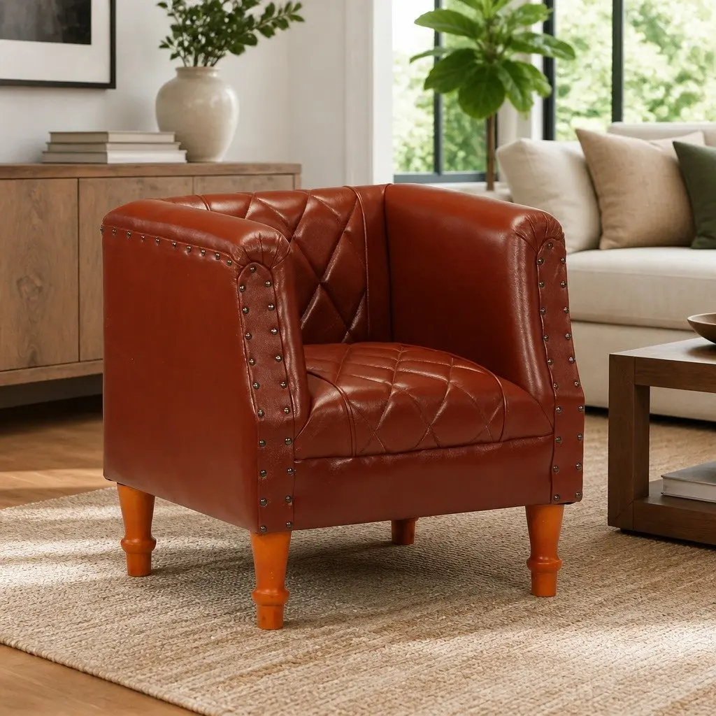 Tub Chair Living Room Brown Goat Leather Padded