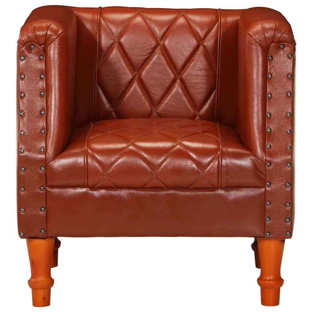 Tub Chair Living Room Brown Goat Leather Padded
