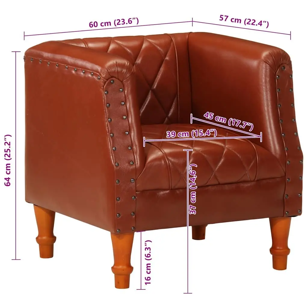 Tub Chair Living Room Brown Goat Leather Padded