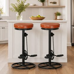Brown Goat Leather Bar Stools: 2-Piece Set with Iron Frame