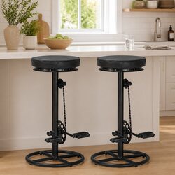 Black Leather Bar Stools Set - 2 Pcs with Iron Frame