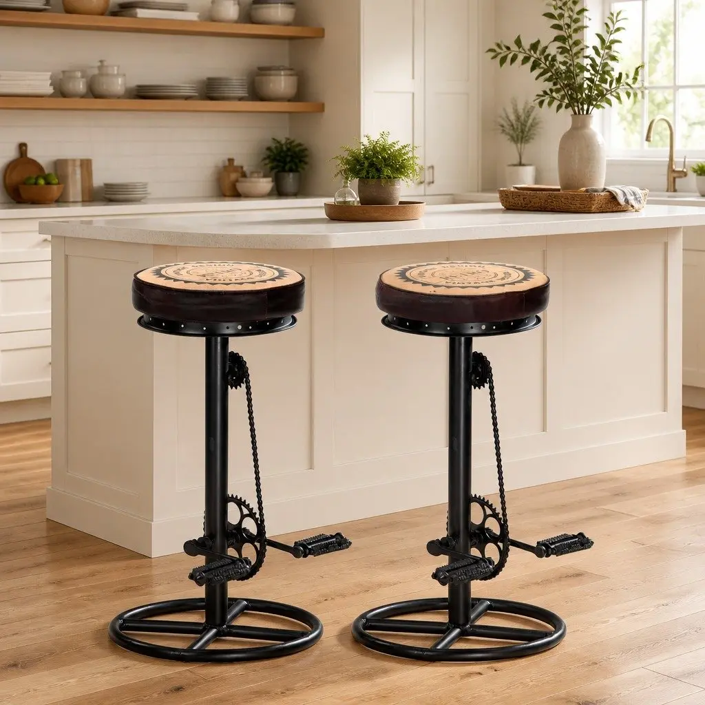 Real Leather Bar Stools with Bicycle Pedal Footrests, 2 Pack