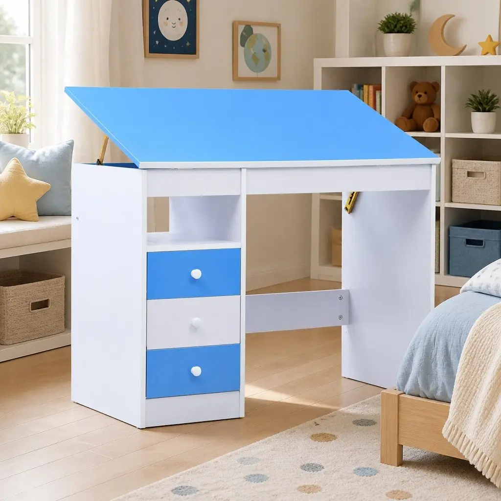 Children's Art & Drafting Table Tiltable Study Desk Blue White Workspace Drawing