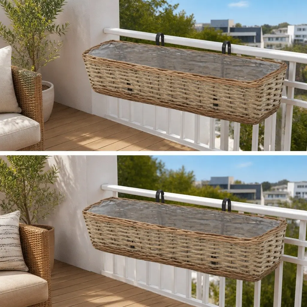 Wicker Balcony Planter Set 2 pcs 80 cm Brown Rattan Garden Pots