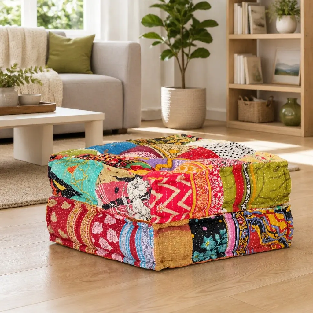 Soft Fabric Patchwork Pouffe Ottoman | 60 x 70 x 36 cm