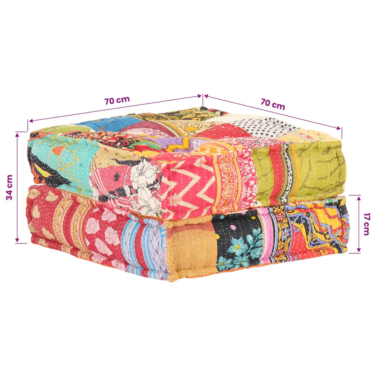 Soft Fabric Patchwork Pouffe Ottoman | 60 x 70 x 36 cm