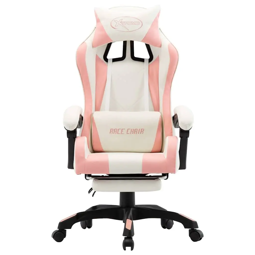 Racing Office Chair Pink White Faux Leather Reclining Footrest Swivel Desk Seat