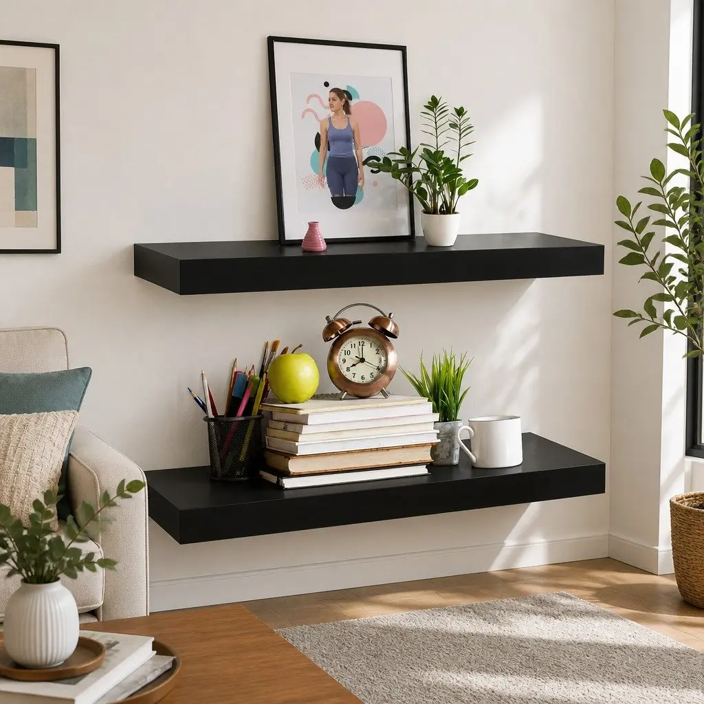 Wall Shelves Set 2pc Black Floating 40x20cm MDF Material