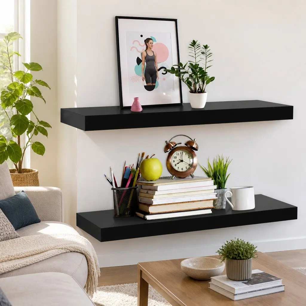 Black Floating Wall Shelves (2-Piece Set)