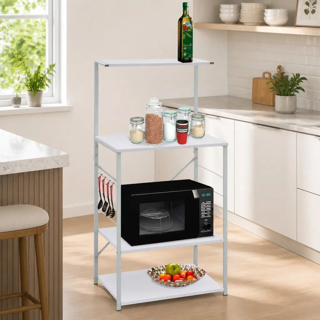 Microwave Cabinet Kitchen Shelf White 4-Tier Storage Organiser Engineered Wood