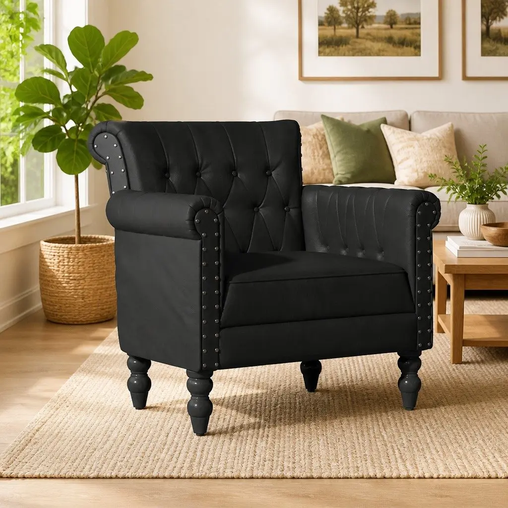 Armchair Black Real Goat Leather Living Room