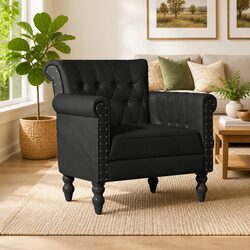 Black Armchair with Goat Leather Upholstery and Solid Wood Legs