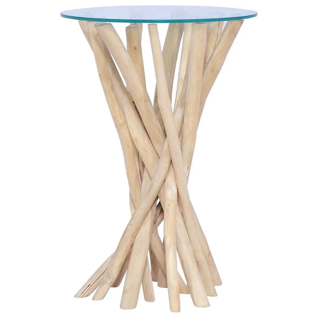 Coffee Table Living Room Solid Teak Wood Glass Top 35x35x50cm