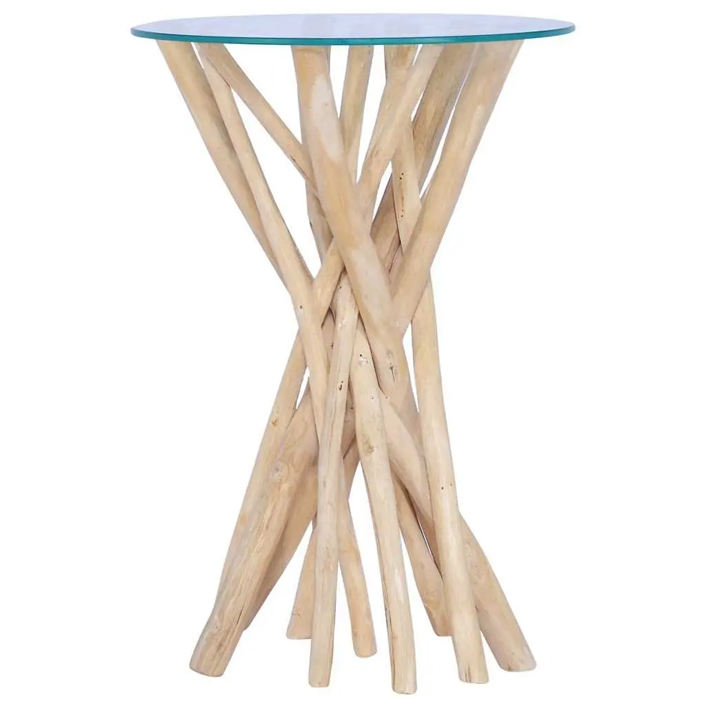 Coffee Table Living Room Solid Teak Wood Glass Top 35x35x50cm