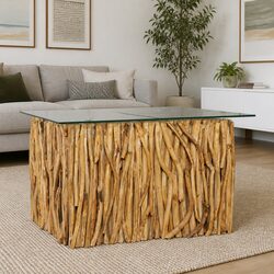 Coffee Table Specifications: Solid Teak Wood and Glass 66x66x40cm