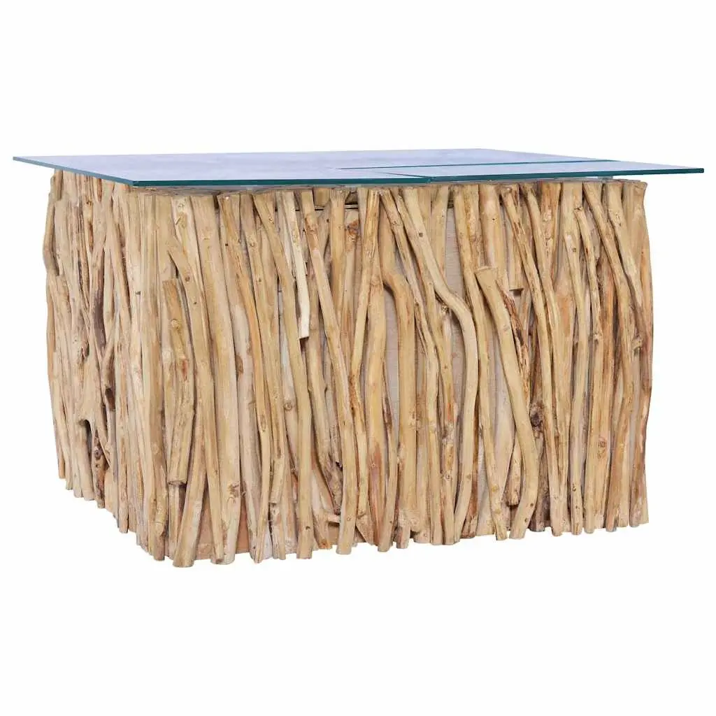 Coffee Table Solid Teak Wood Glass Top Living Room Accent Side Table 66x66x40cm