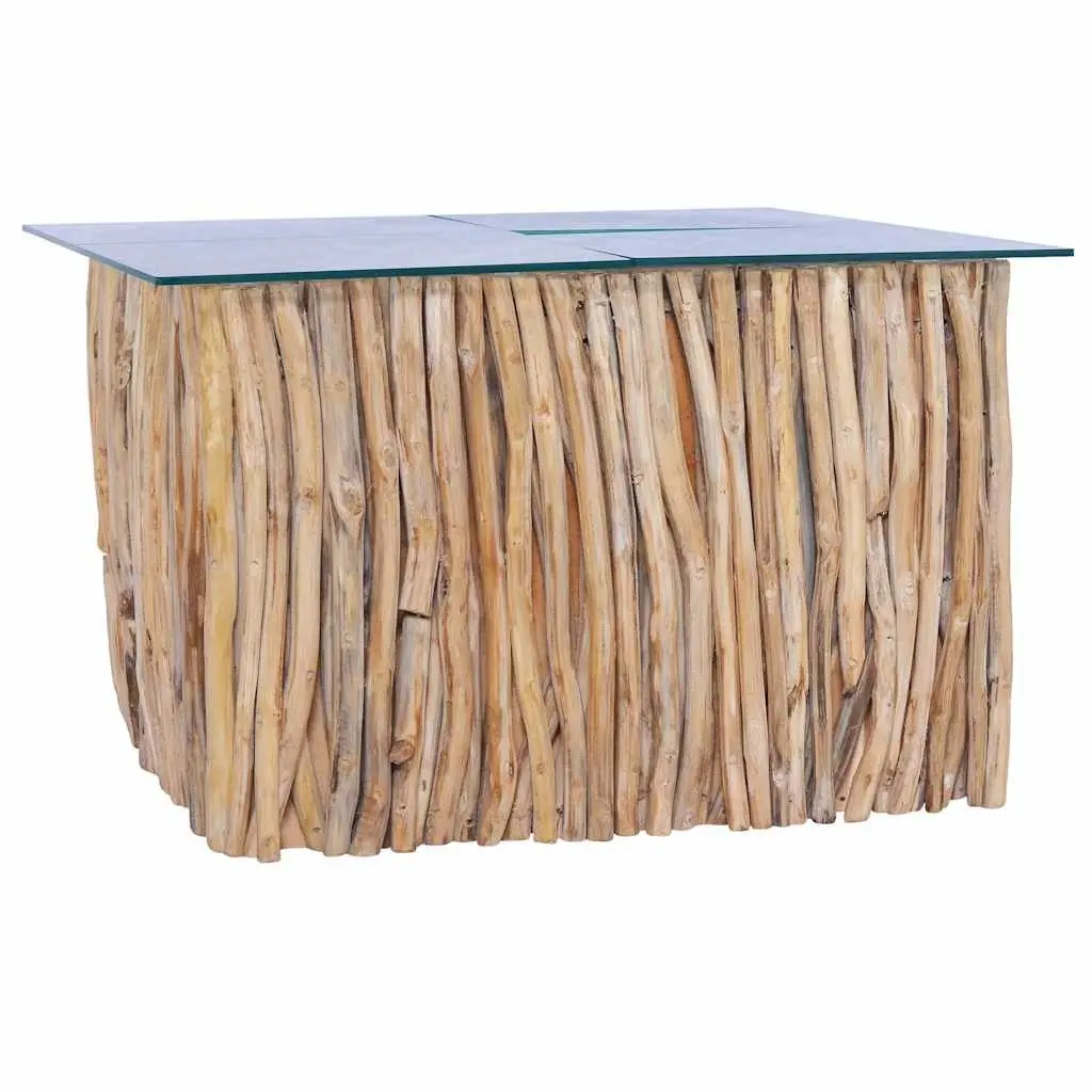 Coffee Table Solid Teak Wood Glass Top Living Room Accent Side Table 66x66x40cm