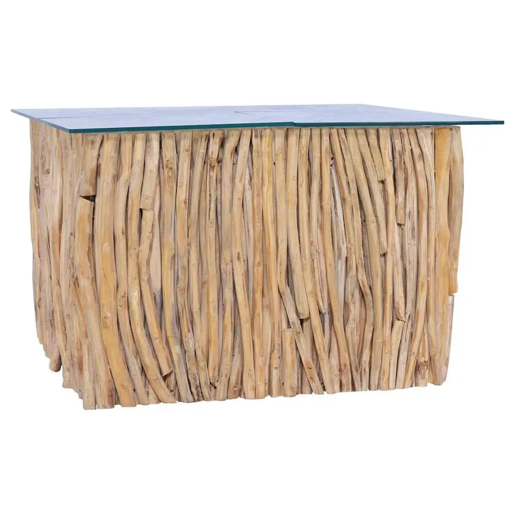 Coffee Table Solid Teak Wood Glass Top Living Room Accent Side Table 66x66x40cm
