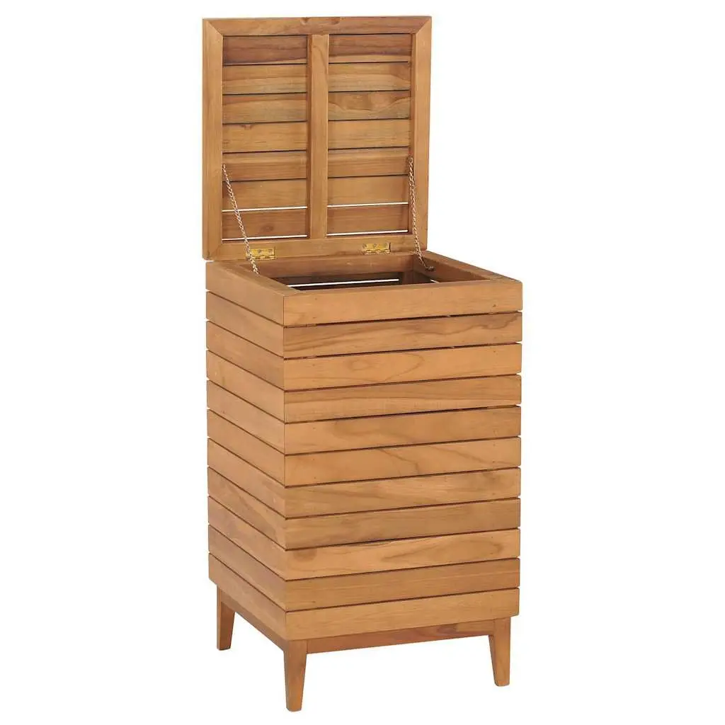 Laundry Basket Brown Slatted Design Solid Teak Wood Storage Bin Household