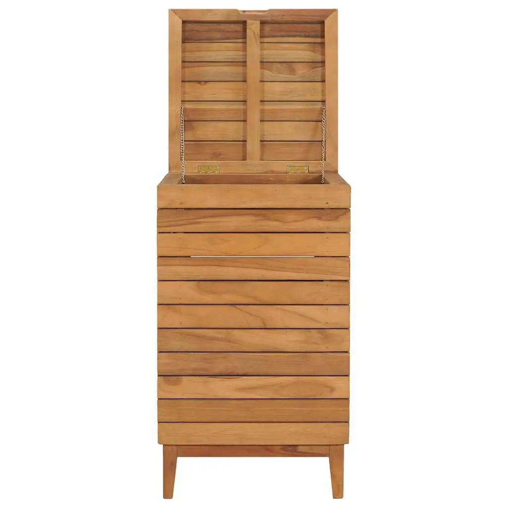 Laundry Basket Brown Slatted Design Solid Teak Wood Storage Bin Household