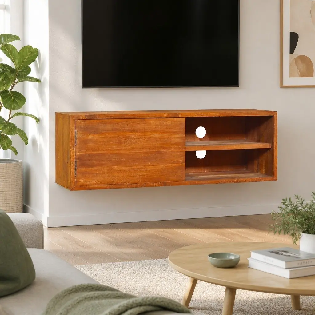 Wall-mounted TV Cabinet for Living Room Solid Teak Wood Storage Unit Brown 90x30x30cm