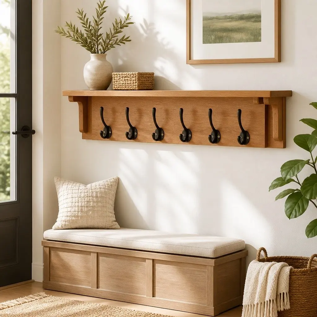 Solid Oak Coat Rack with 6 Hooks