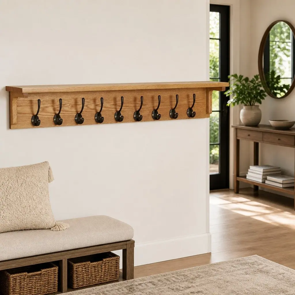 Solid Oak Wood Coat Rack 9 Hooks Wall-Mounted Entryway Hallway Wardrobe Storage