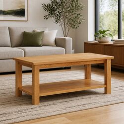 90x45x40 cm Solid Oak Coffee Table with Shelf