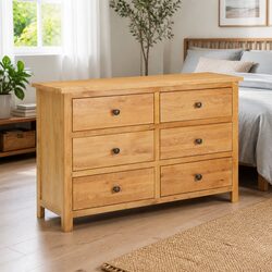 Chest of Drawers: 105x33.5x73cm Solid Oak Wood, 6 Drawers