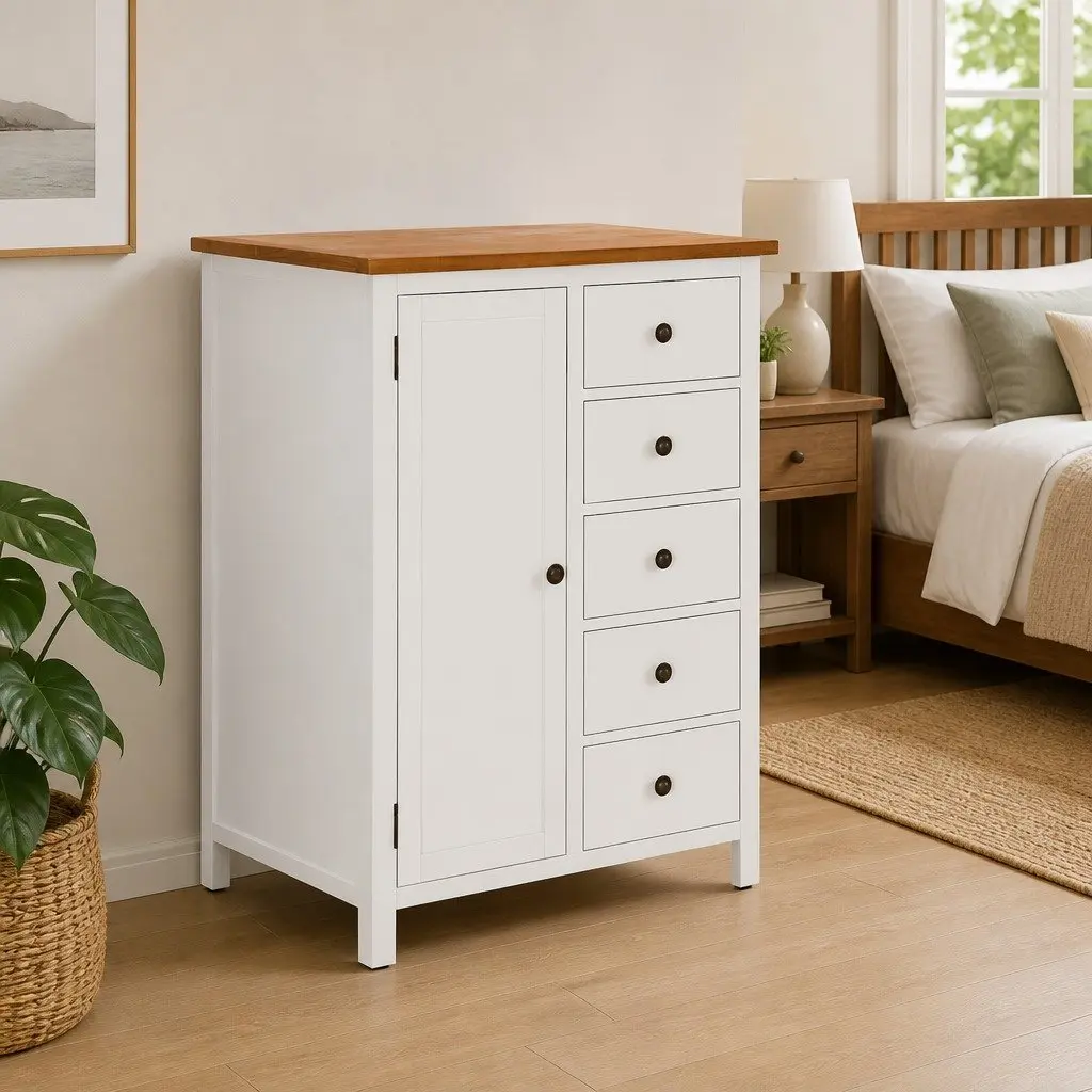Wardrobe Solid Oak Wood 76x52x105 cm Clothes Cabinet with Hanging Rod & Drawers