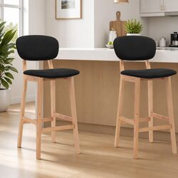 Bar Stools Set of 2 with Black Fabric Seat and Wood Legs