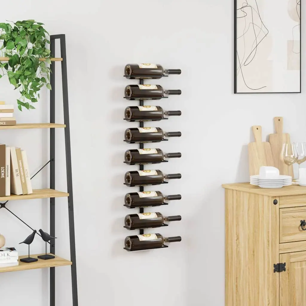 Wall-Mounted Wine Rack Black Iron Modern Home Decor 9 Bottle Storage