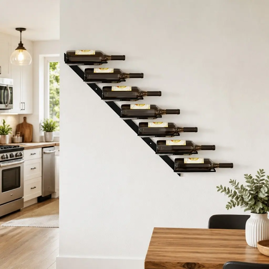 Wall-Mounted Black Metal Wine Rack, Holds 7 Bottles