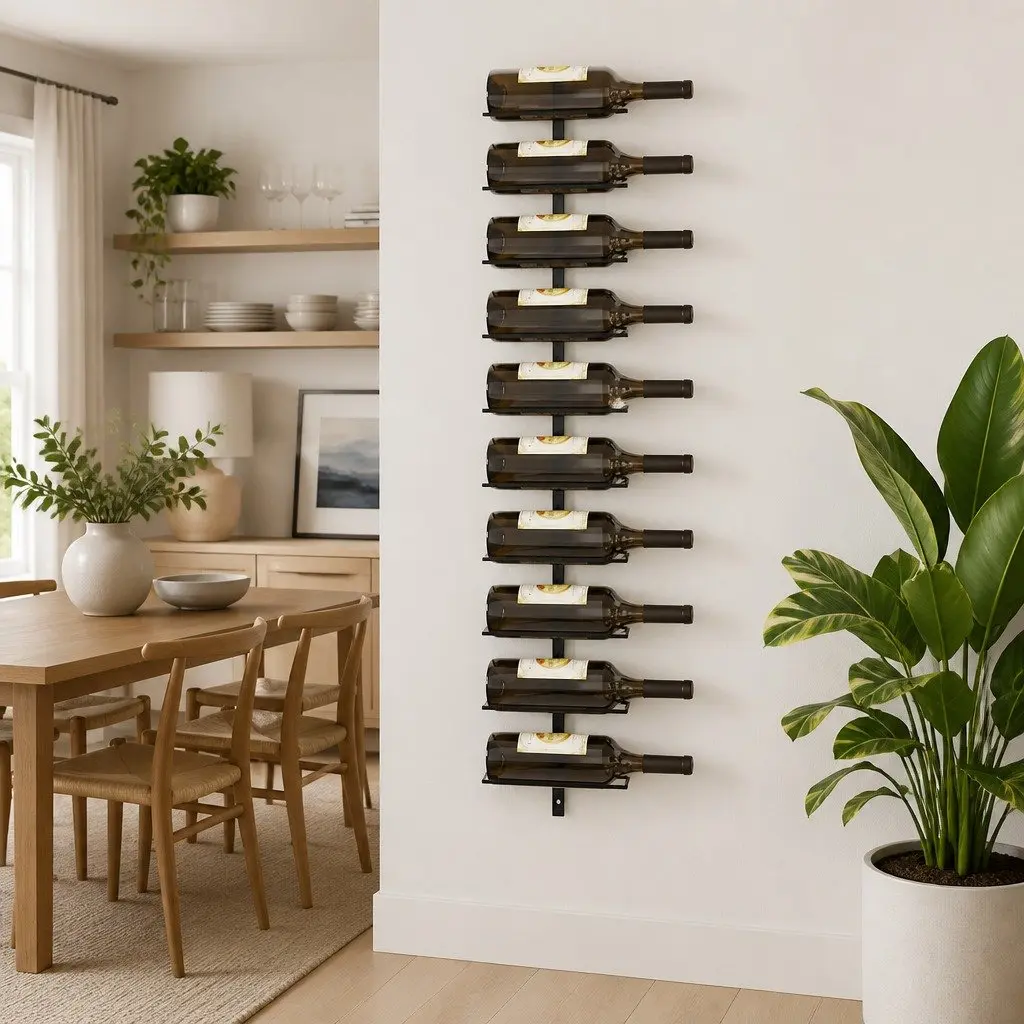 Wall-Mounted Wine Rack for Kitchen Dining Bar Black Metal 10 Bottle Capacity