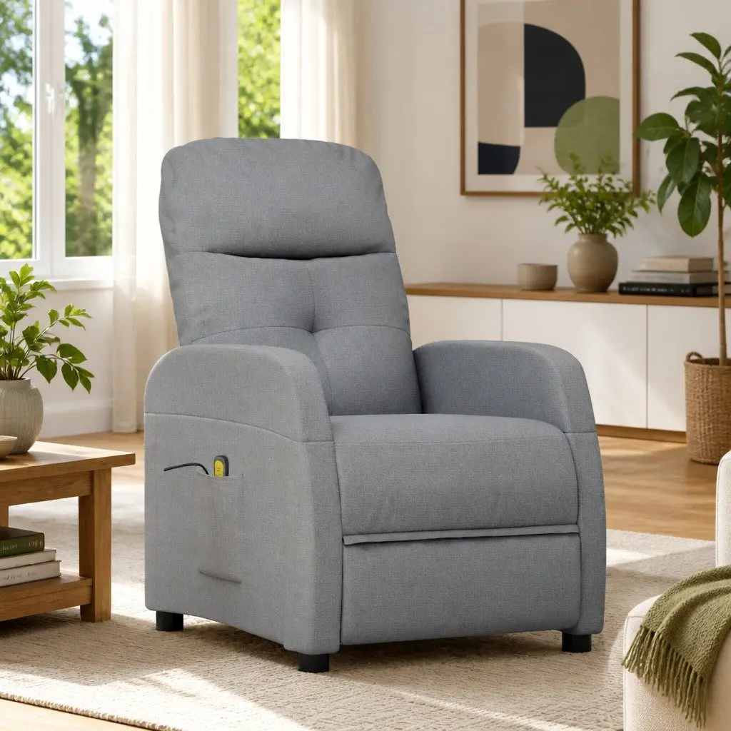 Electric Massage Chair for Home Grey Fabric Reclining Armchair 6 Massage Points