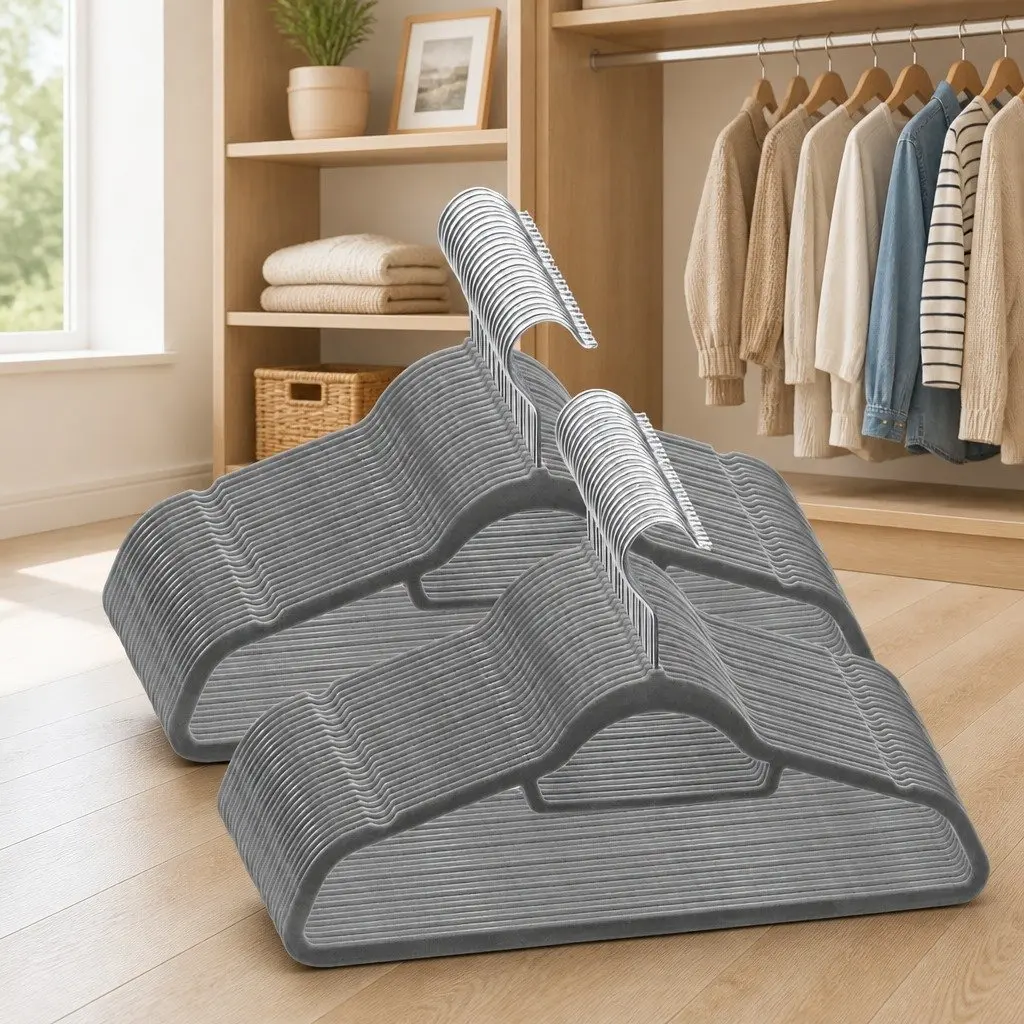 Clothes Hanger Set 50 Pieces Grey Velvet Anti-slip Plastic Metal Durable Storage