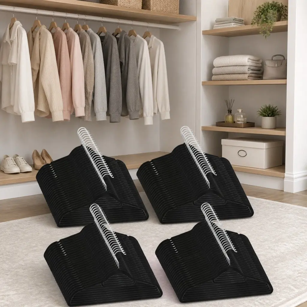 Clothes Hangers 100 Pack Anti-slip Velvet Black Wardrobe Storage Organiser Set